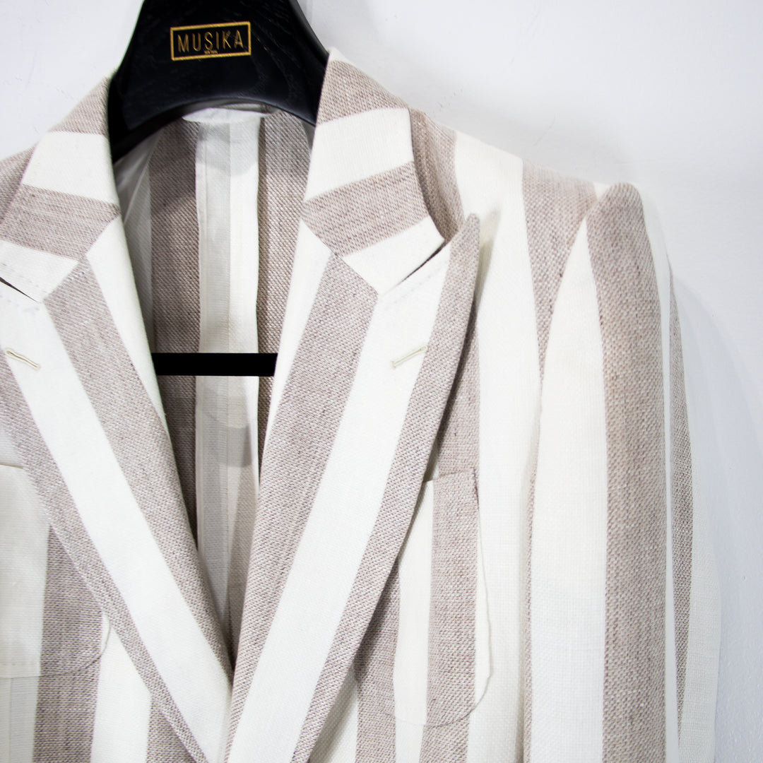 Sand Bone Awning Stripes “Benton Peak Lapels” Tropical Wool/Silk/Linen Belted Suit
