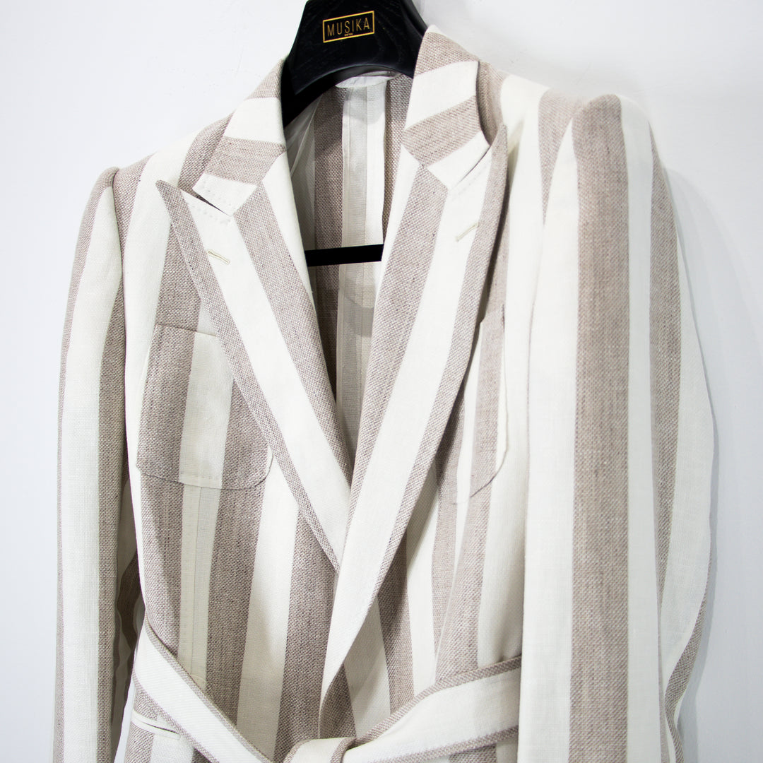 Sand Bone Awning Stripes “Benton Peak Lapels” Tropical Wool/Silk/Linen Belted Suit