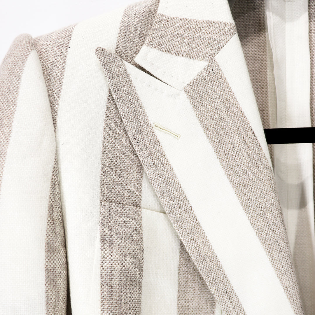 Sand Bone Awning Stripes “Benton Peak Lapels” Tropical Wool/Silk/Linen Belted Suit