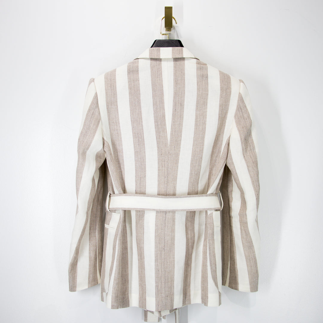 Sand Bone Awning Stripes “Benton Peak Lapels” Tropical Wool/Silk/Linen Belted Suit
