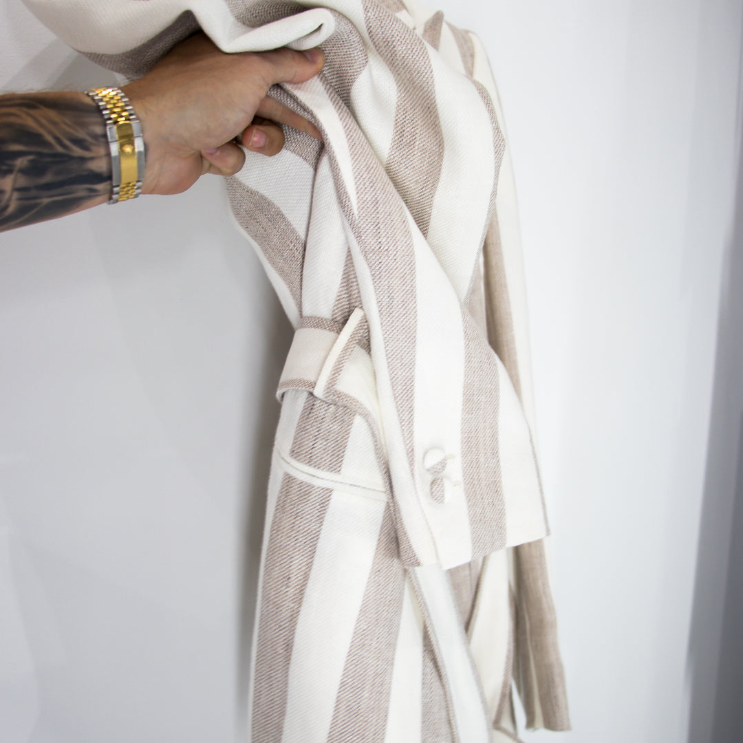 Sand Bone Awning Stripes “Benton Peak Lapels” Tropical Wool/Silk/Linen Belted Suit