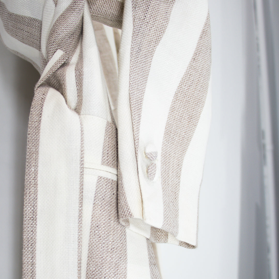 Sand Bone Awning Stripes “Benton Peak Lapels” Tropical Wool/Silk/Linen Belted Suit