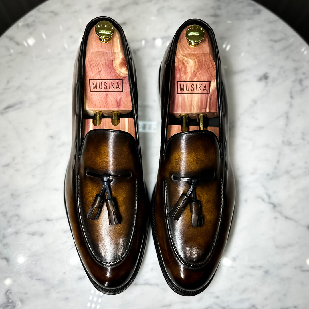 Cognac Dark Burnishing Calf Skin Goodyear Welt Tassel Loafer