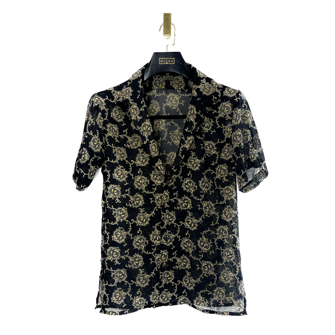 Black Beige Leaves Silk Shirt