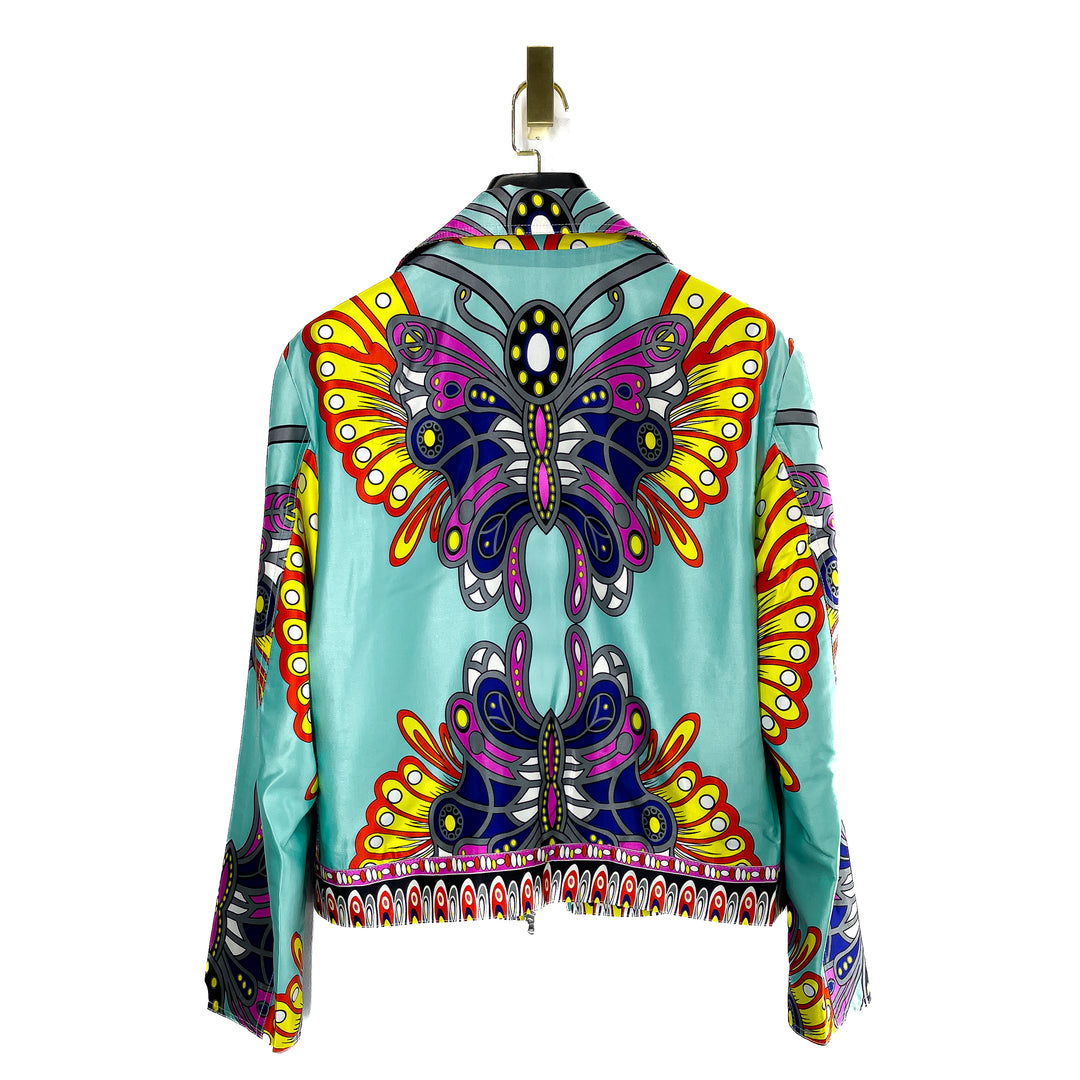 Teal Multicolor Printed Butterfly Silk Blouson Jacket