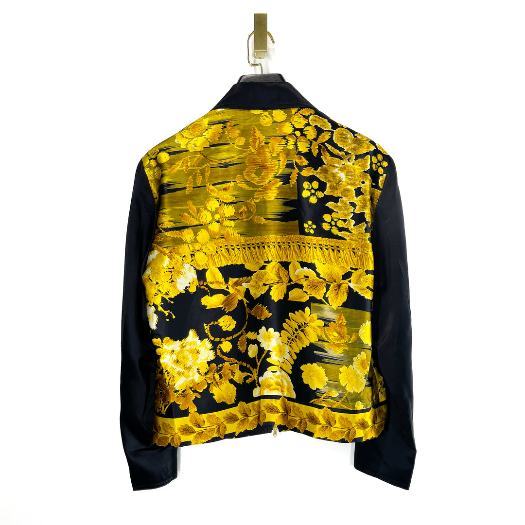 Black Gold Floral Print Silk Blouson Jacket