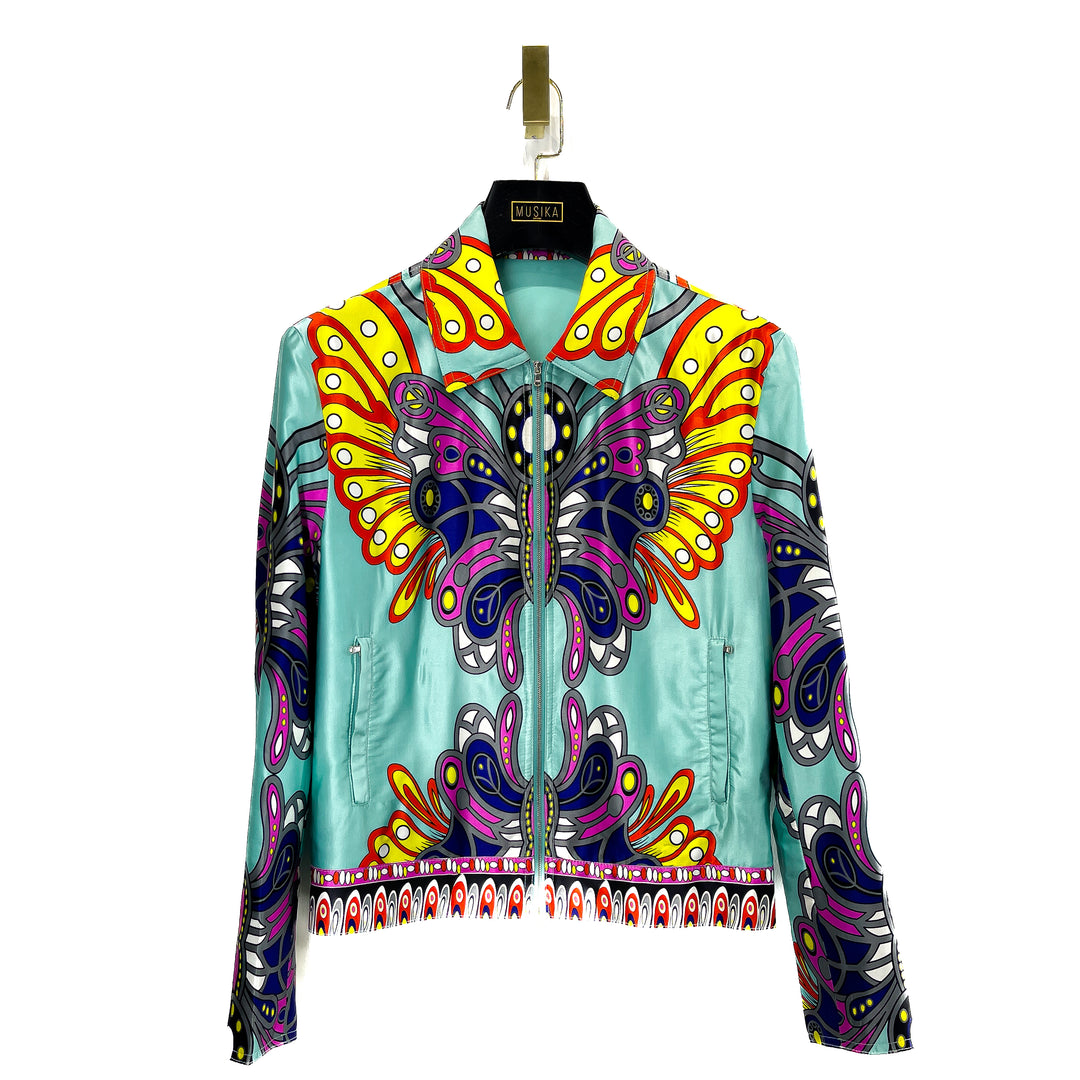 Teal Multicolor Printed Butterfly Silk Blouson Jacket